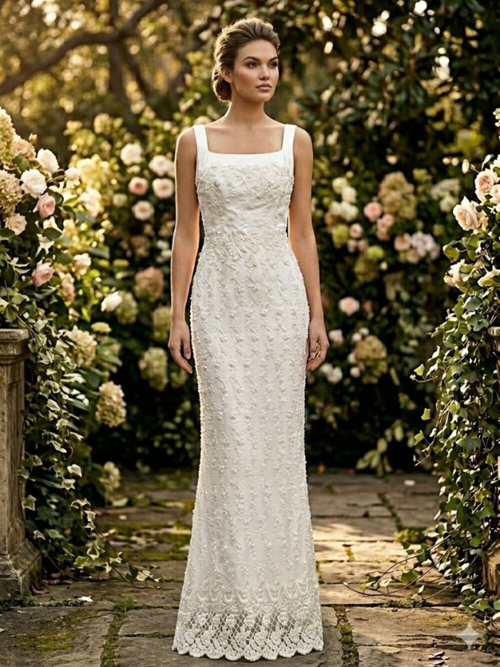 Archival Vintage Alfred Angelo Beaded Lace Column Wedding Dress *See Sizing Note